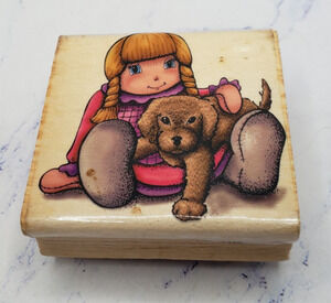 Girl With Puppy Sky Kids 1988 Wood Mounted Rubber Stamp
